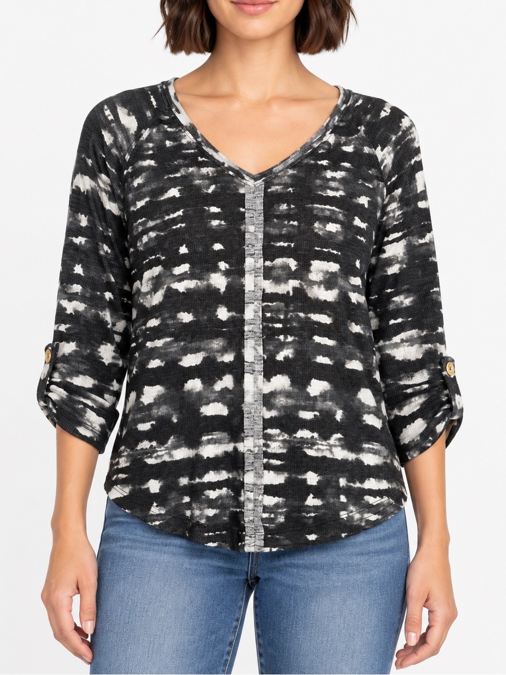 Westbound Petites Black White Watercolor Knit V-Neck Top PM Roll Tab